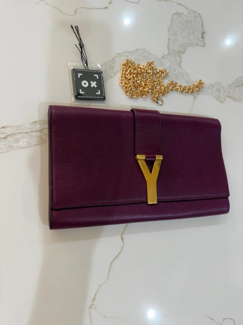 Yves Saint Laurent Plum Leather Clutch with Gold Y Accent - Picture 2 of 7
